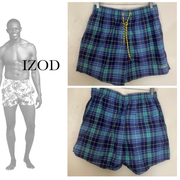 Izod Plaid Swim Trunks Medium Gently worn 100% cotton 30-38" waist 4" inseam - Picture 1 of 5